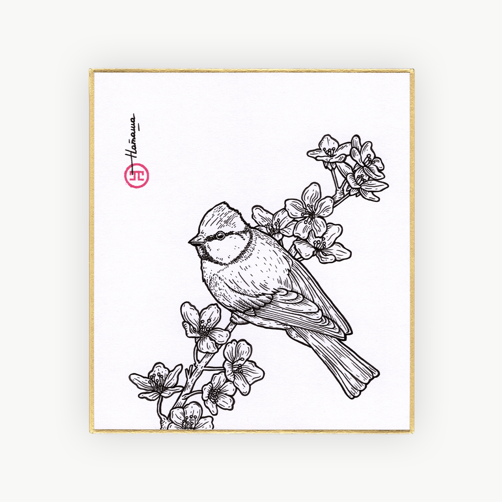 Shikishi Sunshōan Mésange Bleue & Fleurs de Cerisier par L'Œuvre au Noir